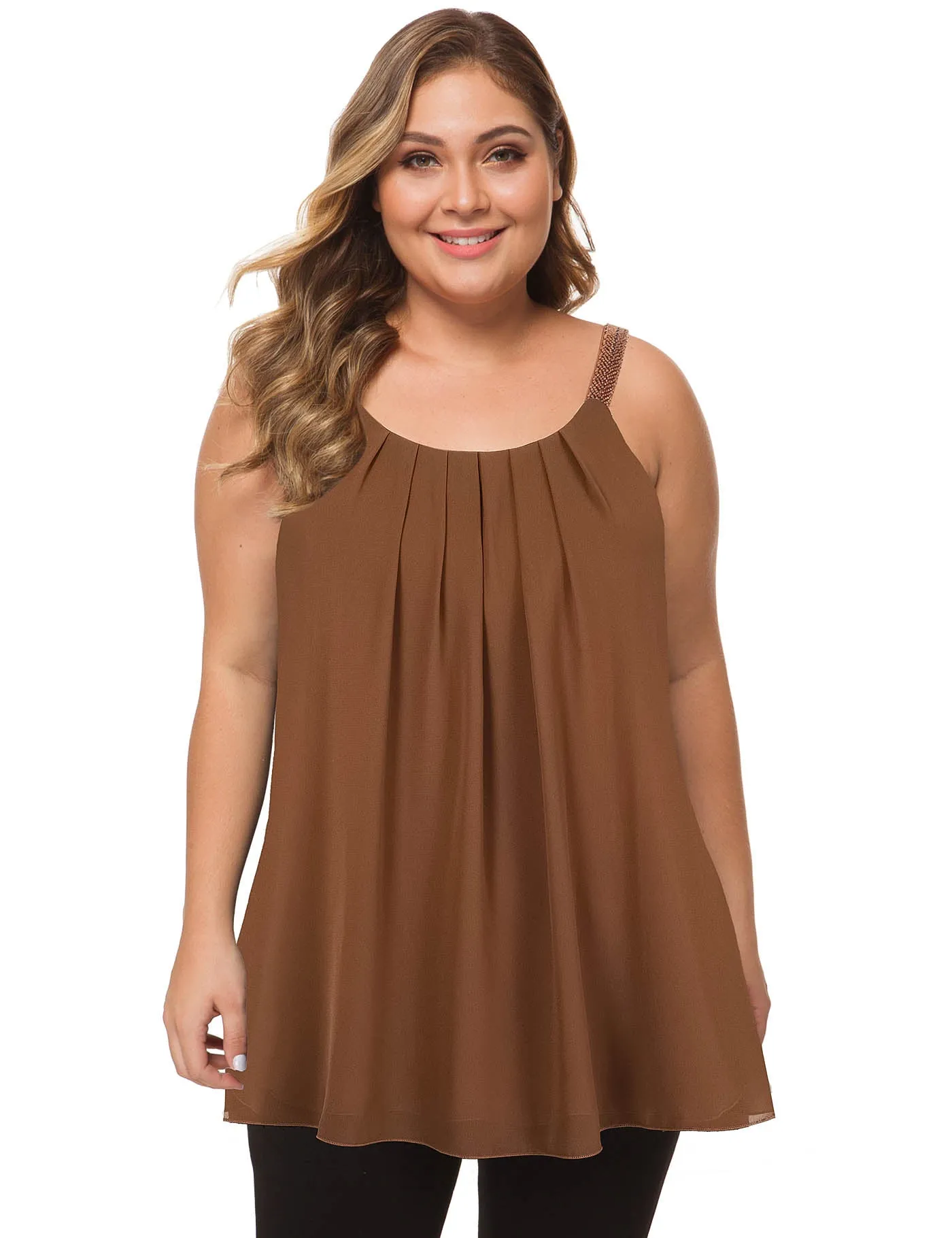 Plus Size Cami Pleated Chiffon Tank Top with Beaded Strap
