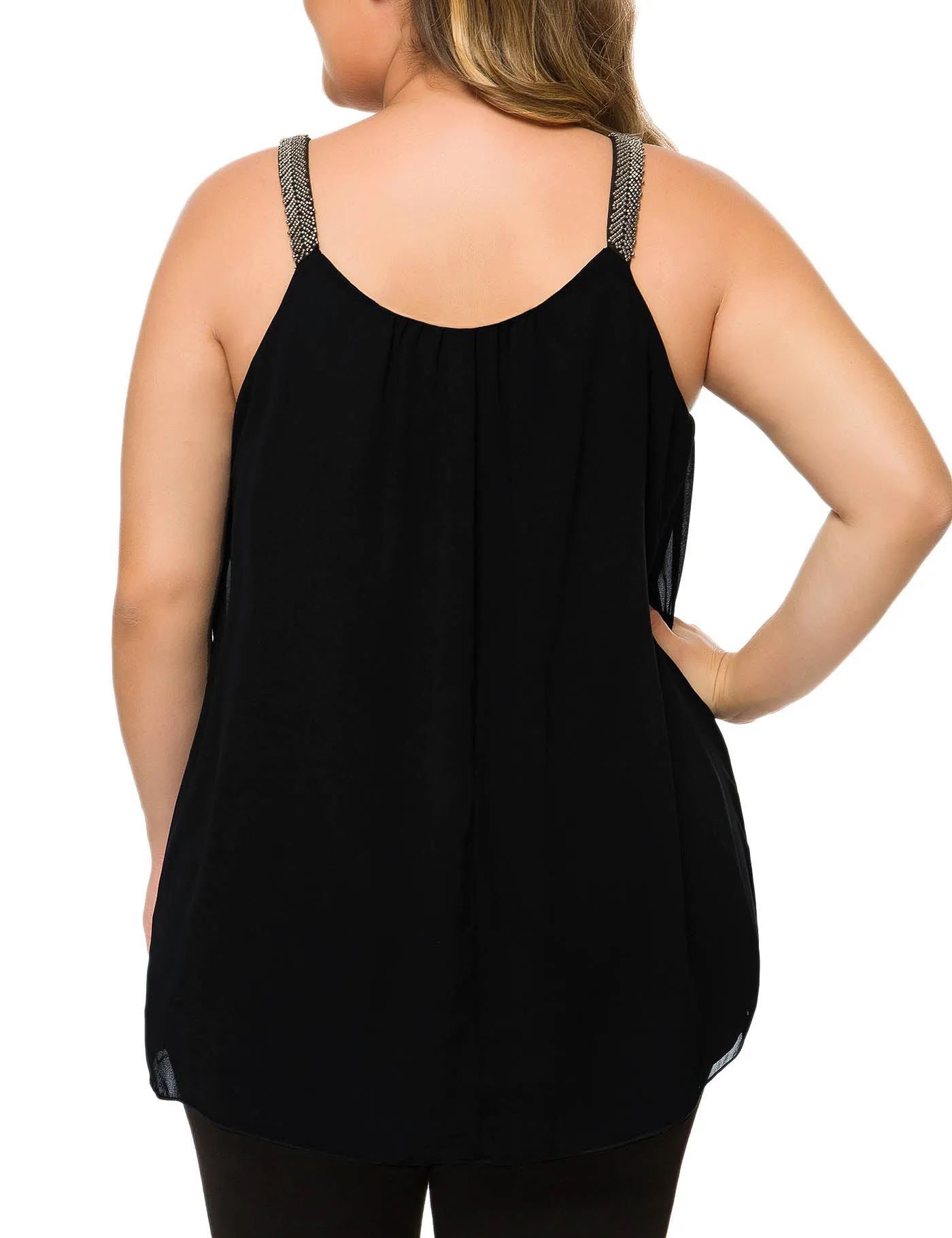 Plus Size Cami Pleated Chiffon Tank Top with Beaded Strap