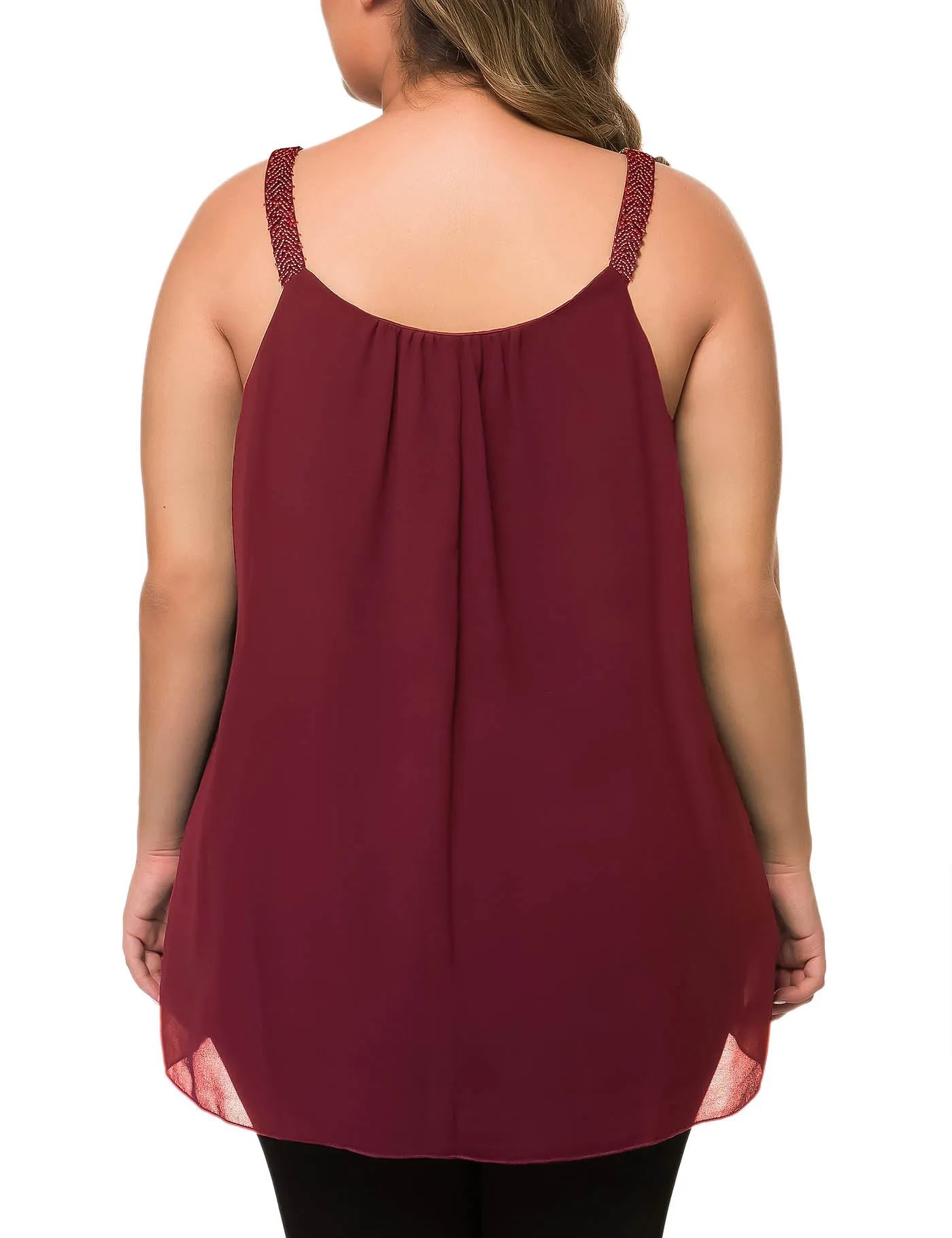 Plus Size Cami Pleated Chiffon Tank Top with Beaded Strap