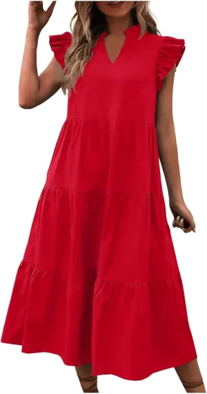 PTOLOCIF Women Fashion Solid V Neck Short Sexy Short Sleeve Casual Loose Long Dress V Dress