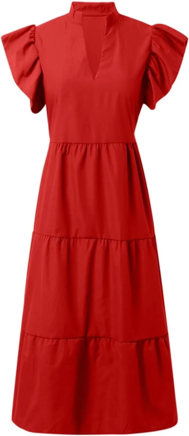 PTOLOCIF Women Fashion Solid V Neck Short Sexy Short Sleeve Casual Loose Long Dress V Dress