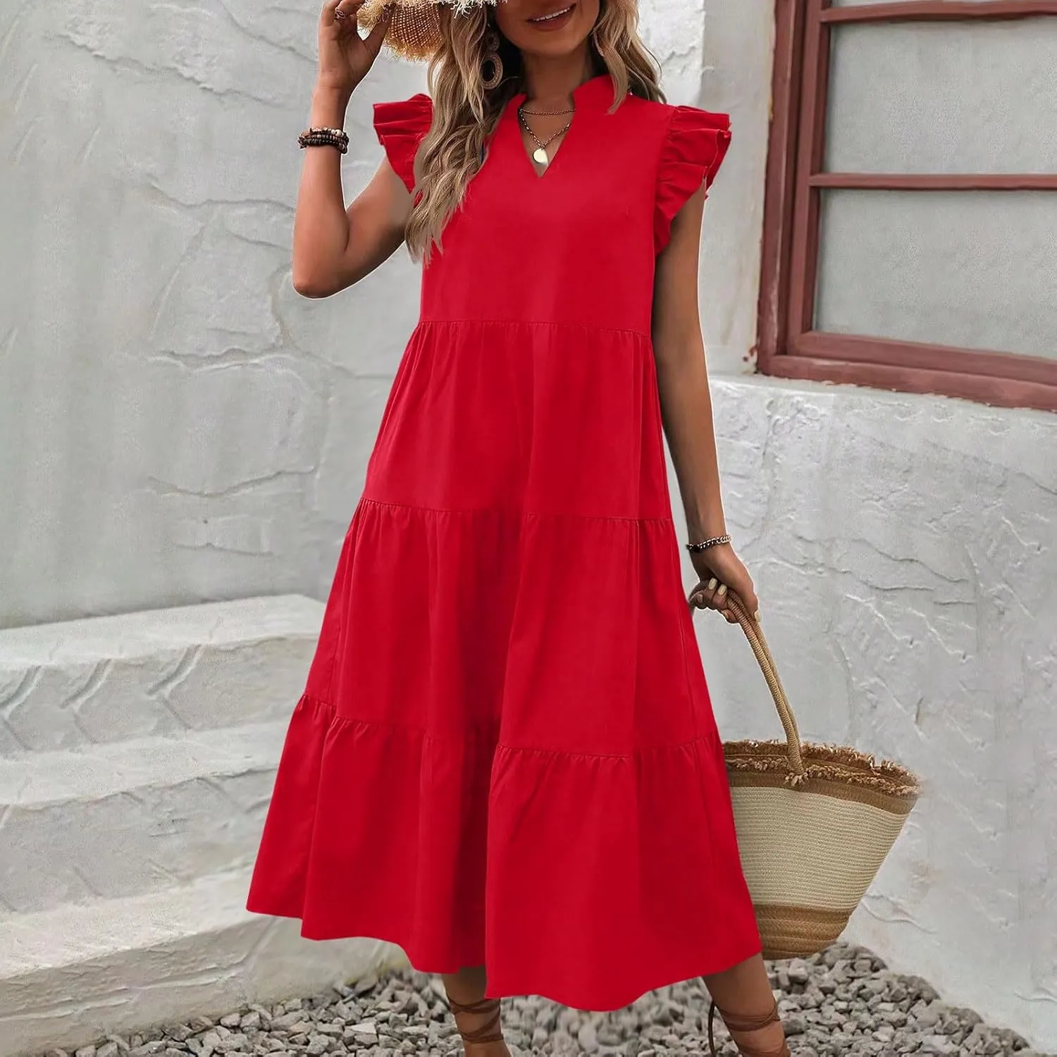 PTOLOCIF Women Fashion Solid V Neck Short Sexy Short Sleeve Casual Loose Long Dress V Dress