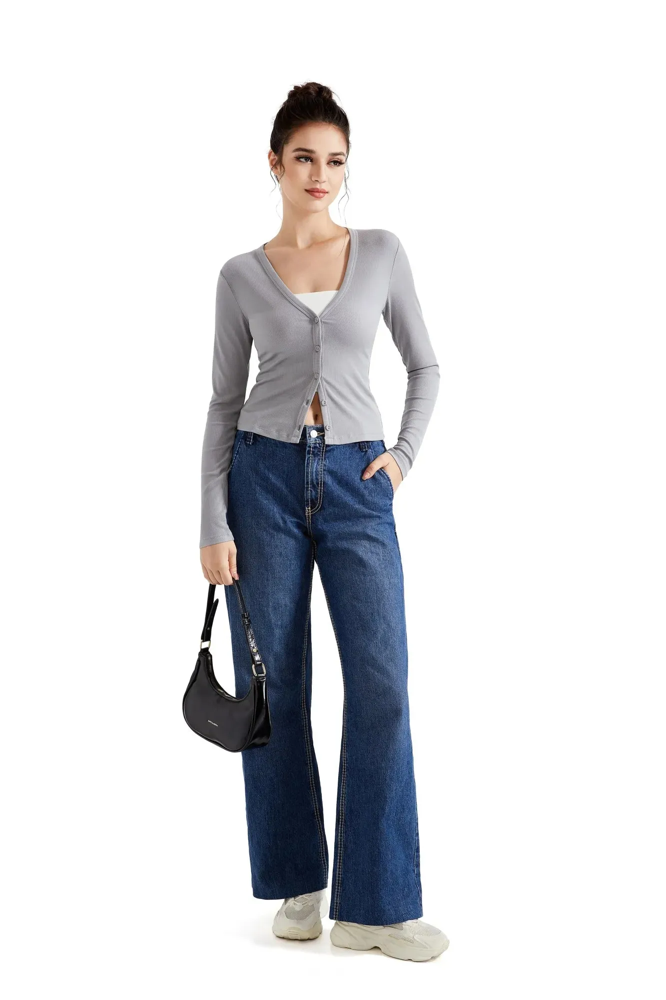 Ribbed V Neck Cardigan Shirt - Long Sleeve