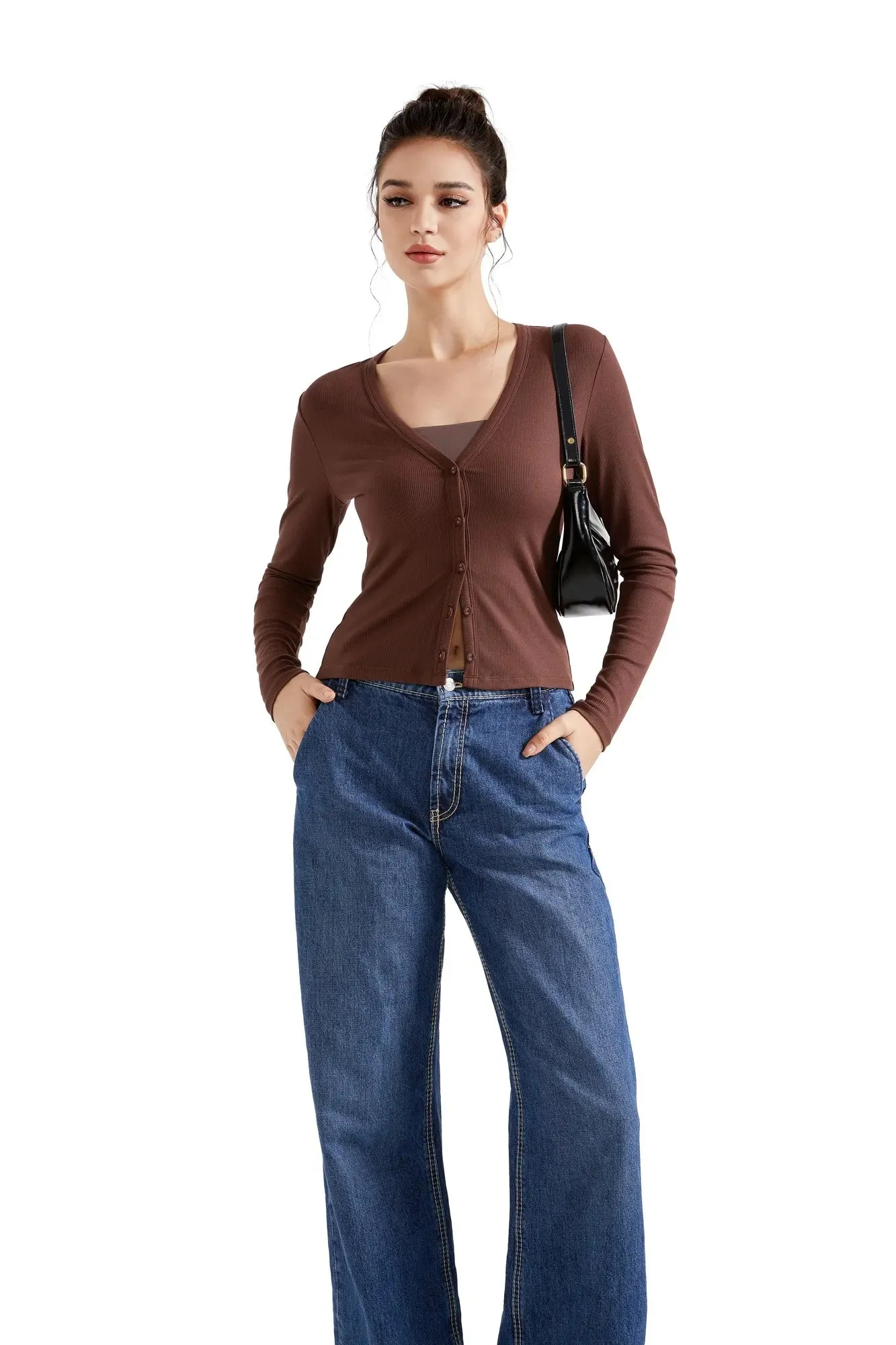 Ribbed V Neck Cardigan Shirt - Long Sleeve