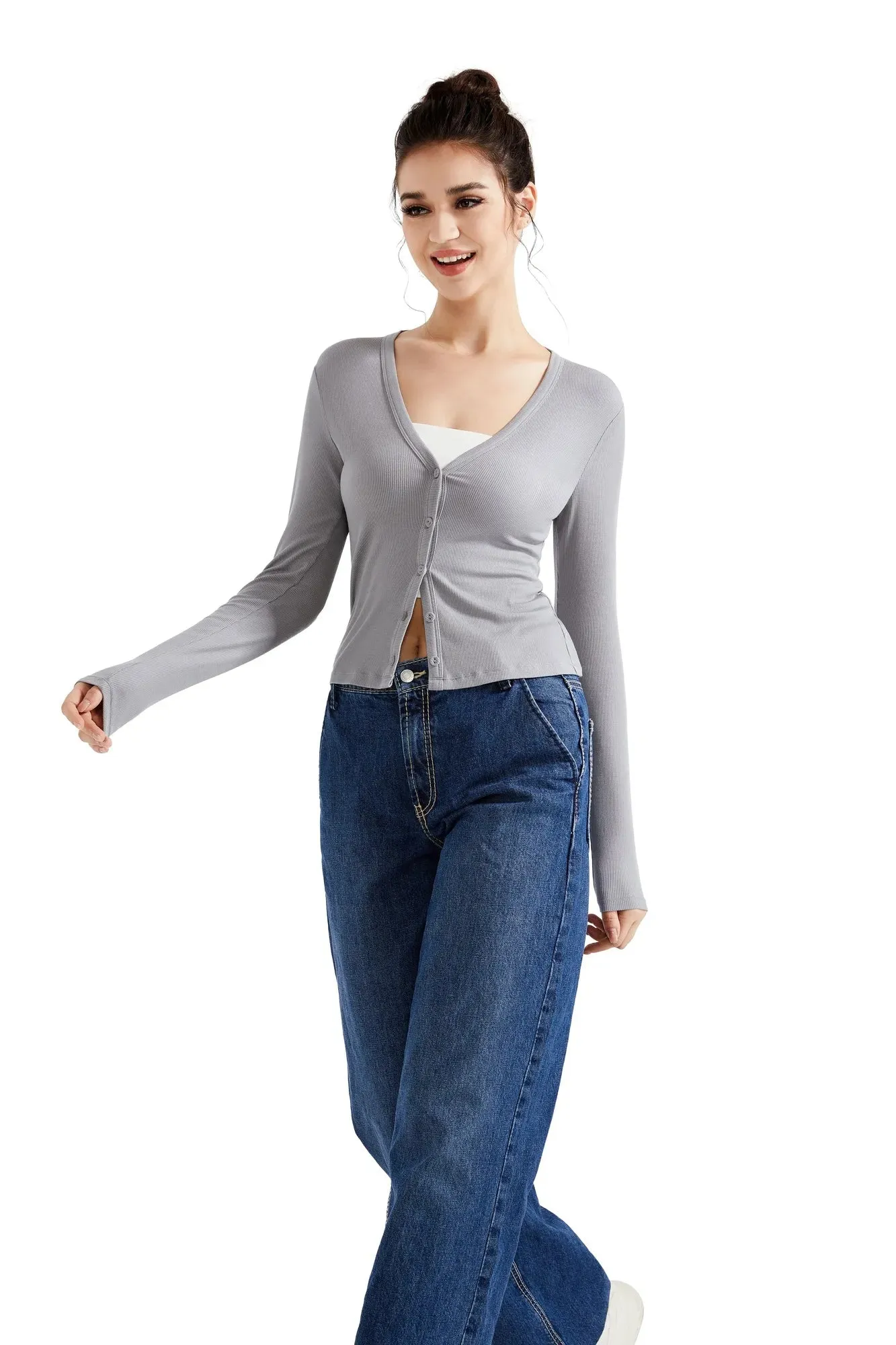 Ribbed V Neck Cardigan Shirt - Long Sleeve