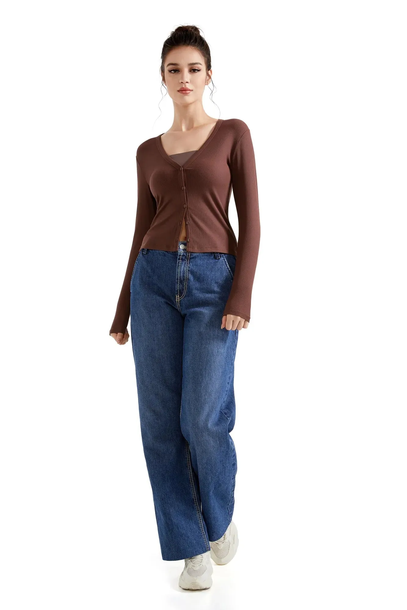 Ribbed V Neck Cardigan Shirt - Long Sleeve