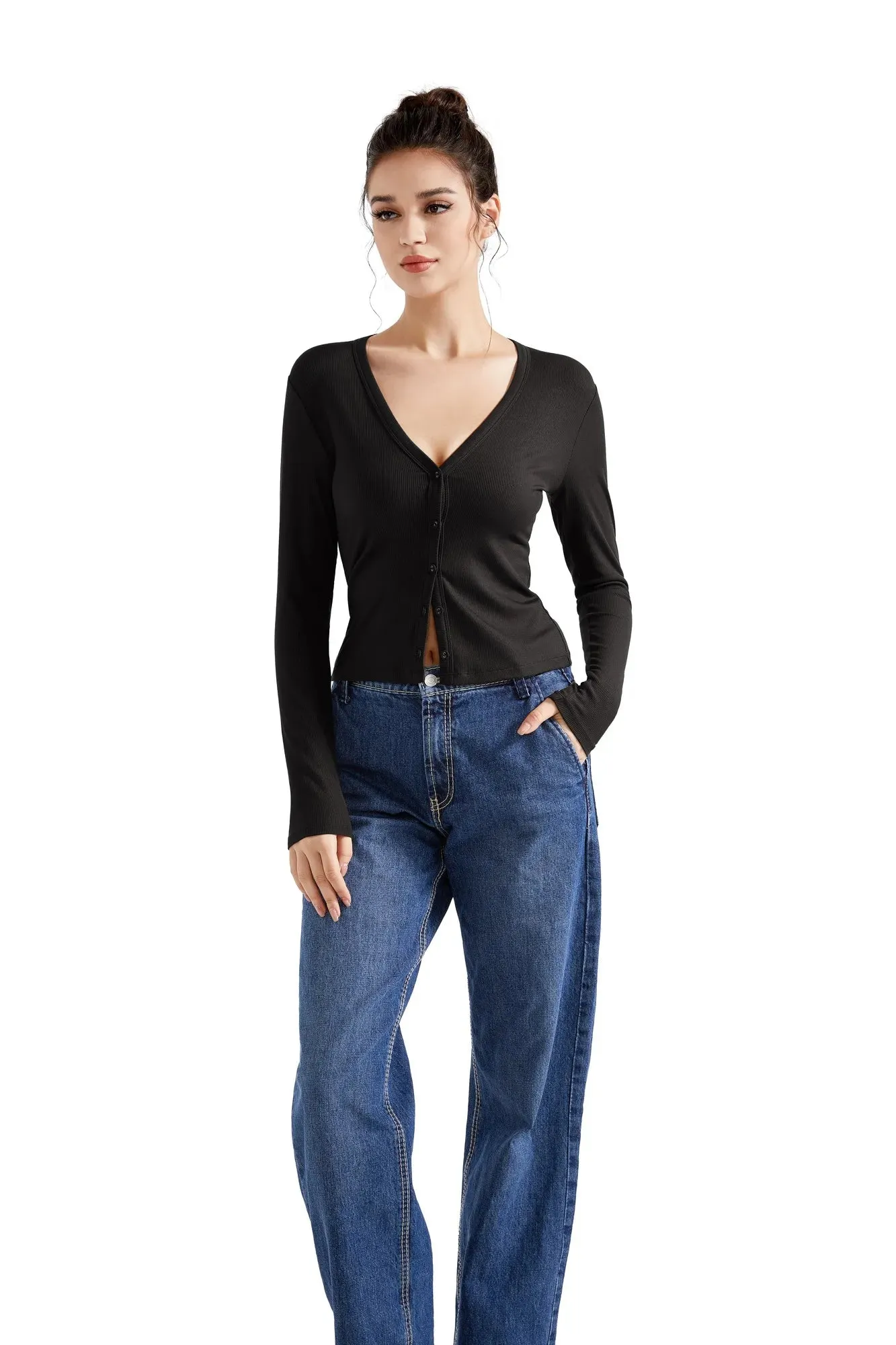 Ribbed V Neck Cardigan Shirt - Long Sleeve