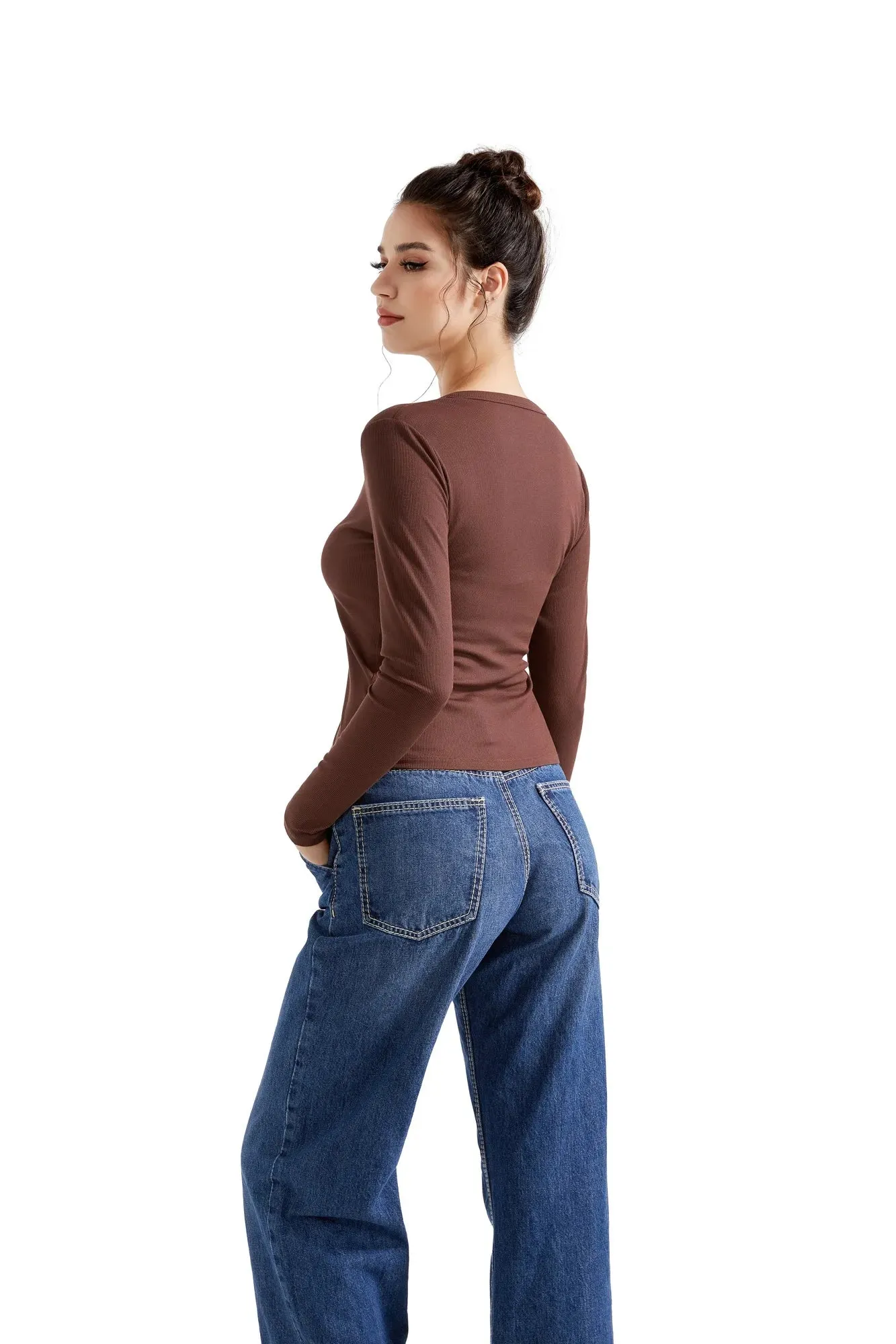 Ribbed V Neck Cardigan Shirt - Long Sleeve