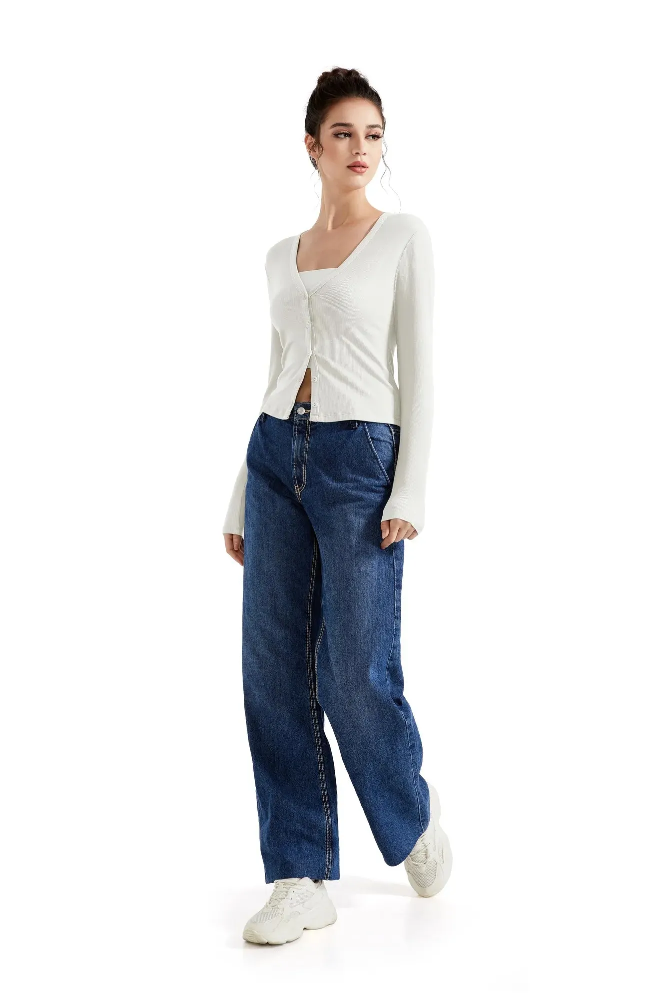 Ribbed V Neck Cardigan Shirt - Long Sleeve