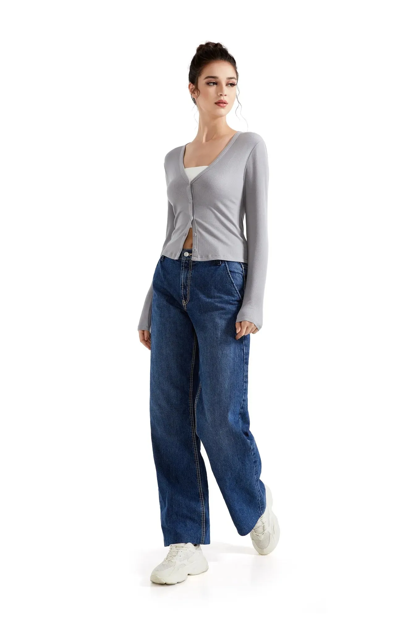 Ribbed V Neck Cardigan Shirt - Long Sleeve