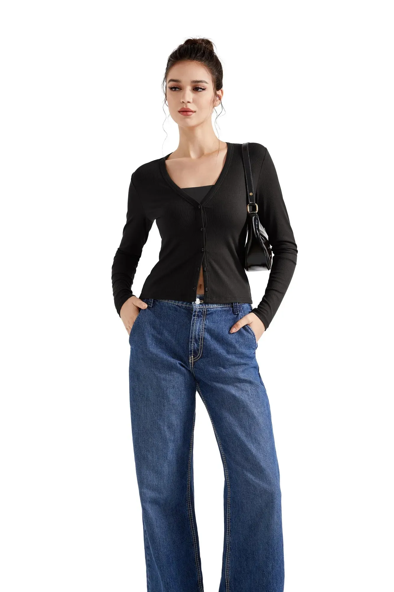 Ribbed V Neck Cardigan Shirt - Long Sleeve