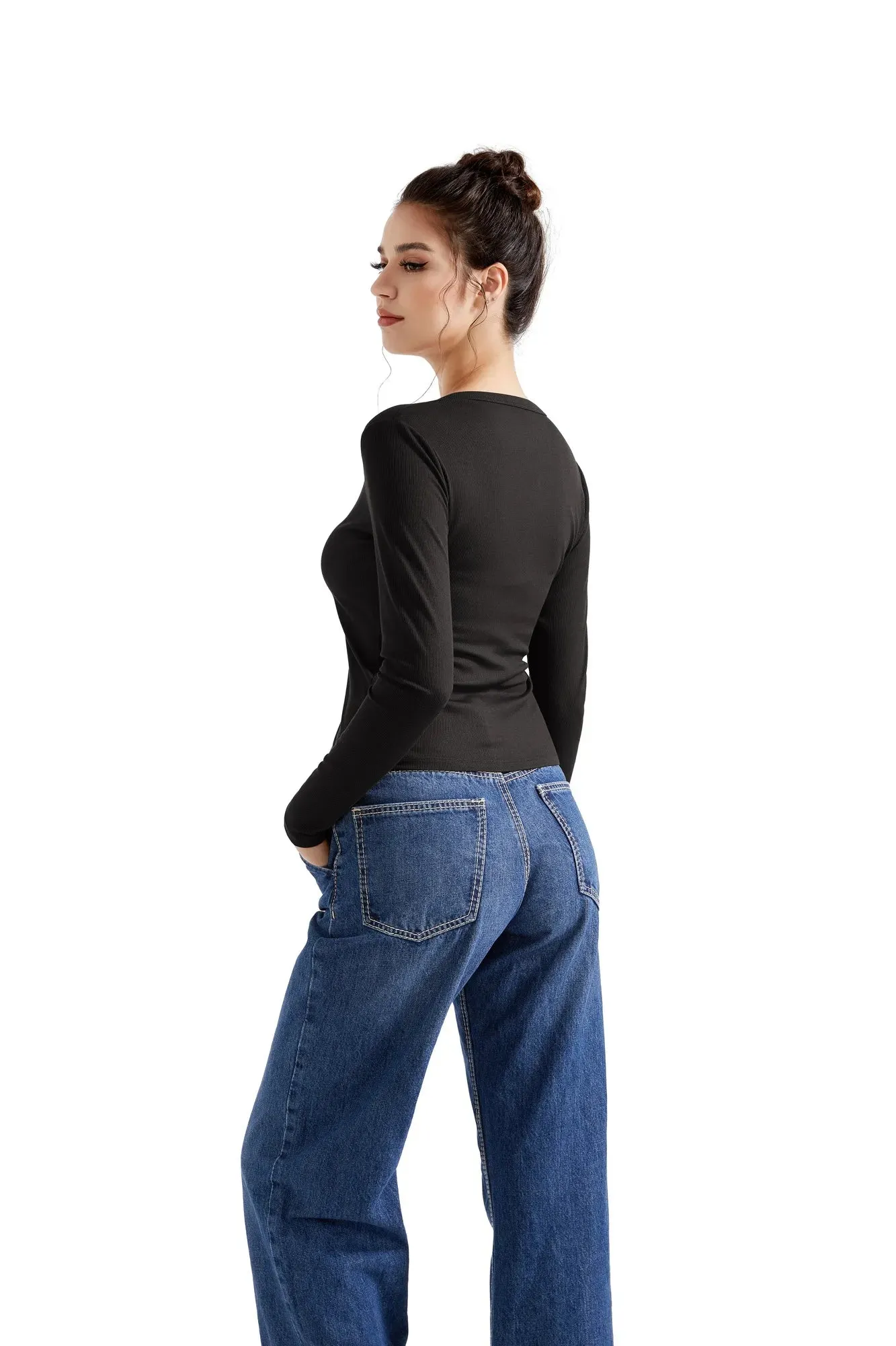 Ribbed V Neck Cardigan Shirt - Long Sleeve