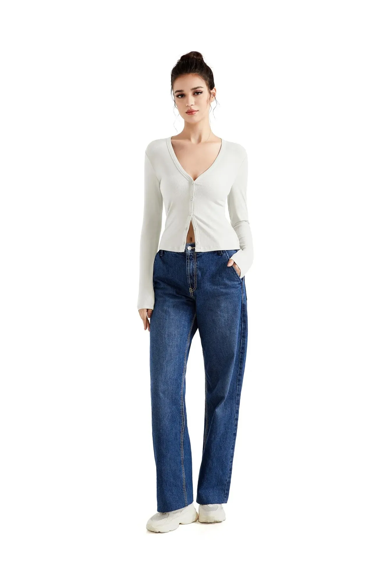 Ribbed V Neck Cardigan Shirt - Long Sleeve