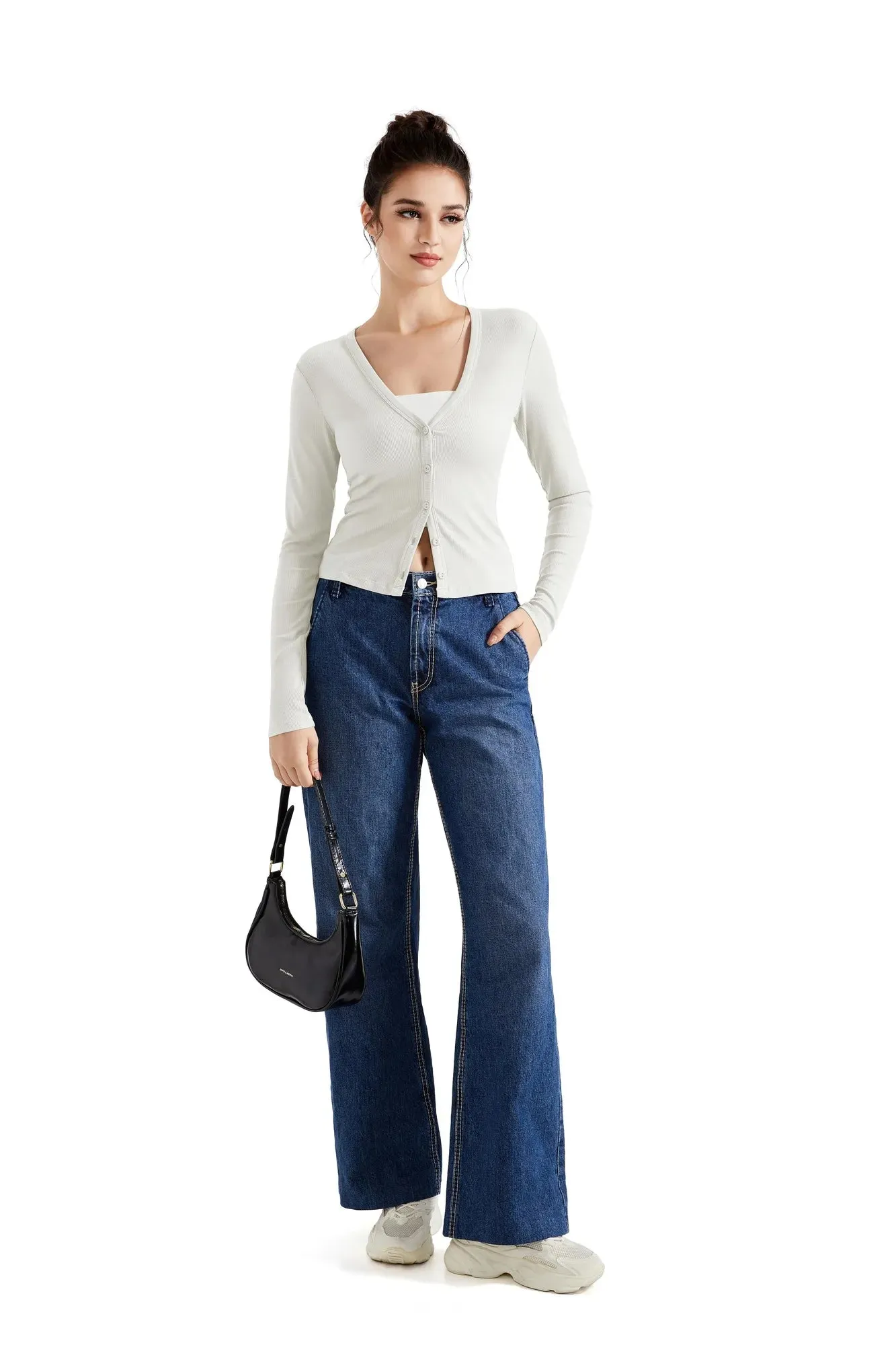 Ribbed V Neck Cardigan Shirt - Long Sleeve