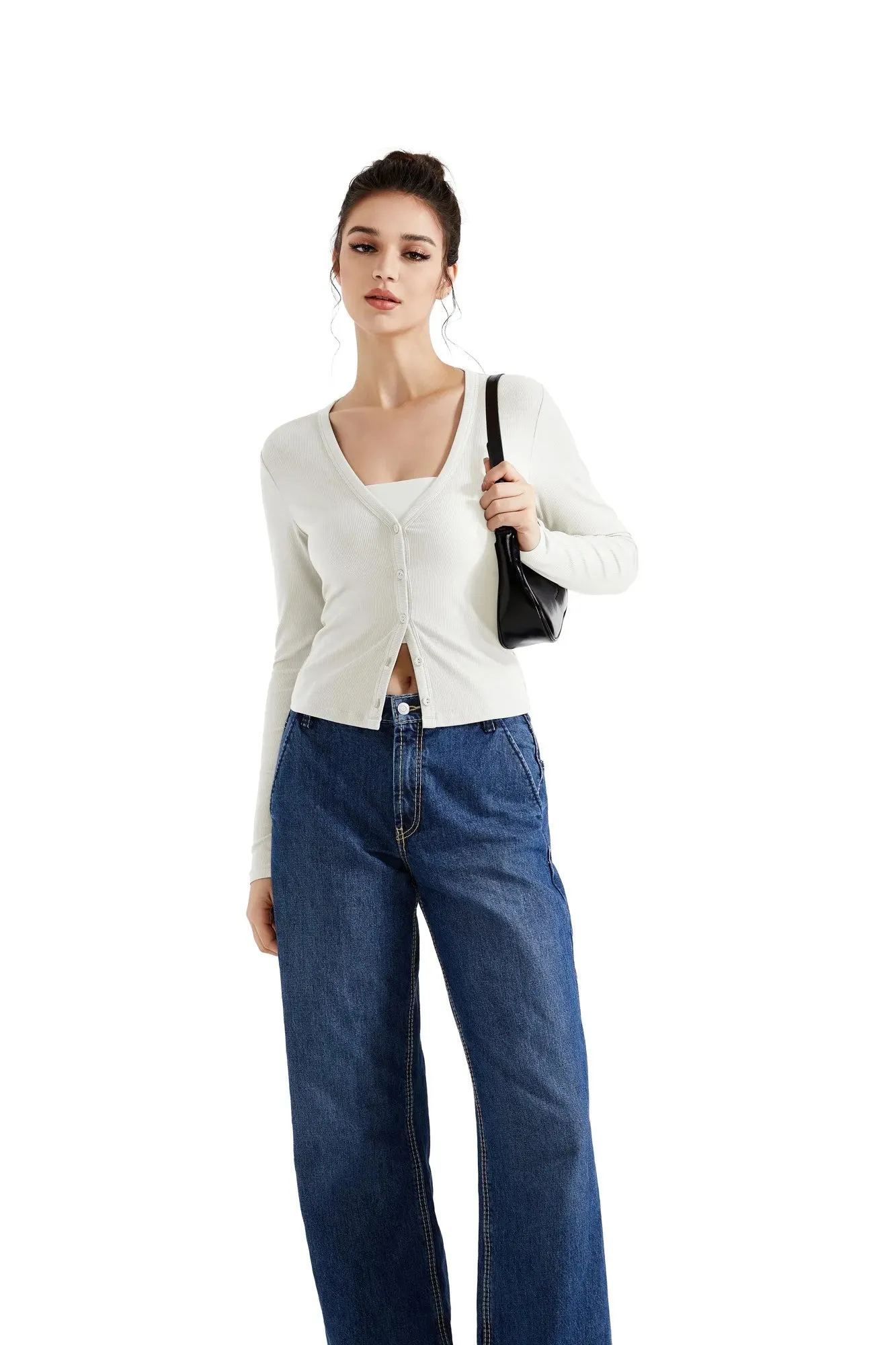 Ribbed V Neck Cardigan Shirt - Long Sleeve