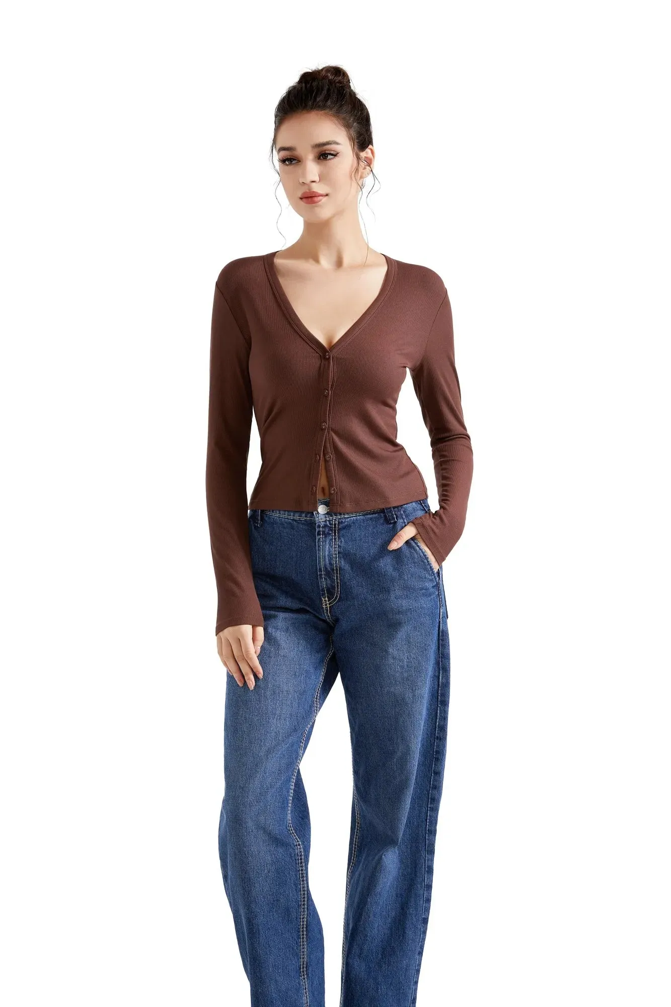 Ribbed V Neck Cardigan Shirt - Long Sleeve