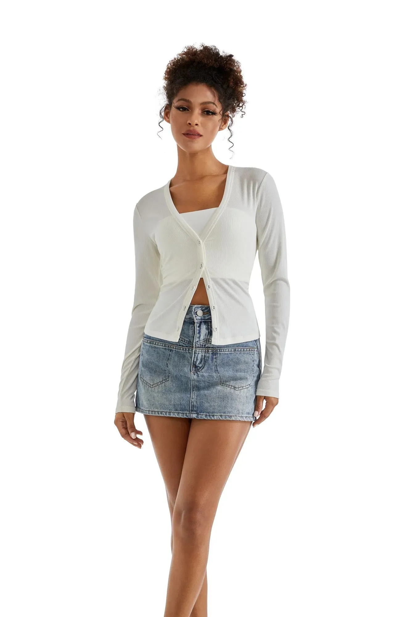 Ribbed V Neck Cardigan Shirt - Long Sleeve