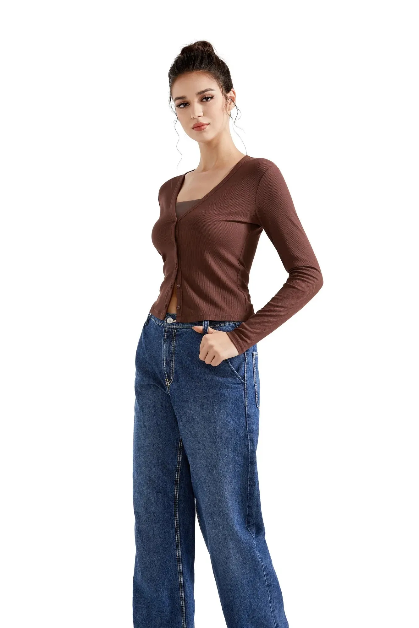 Ribbed V Neck Cardigan Shirt - Long Sleeve