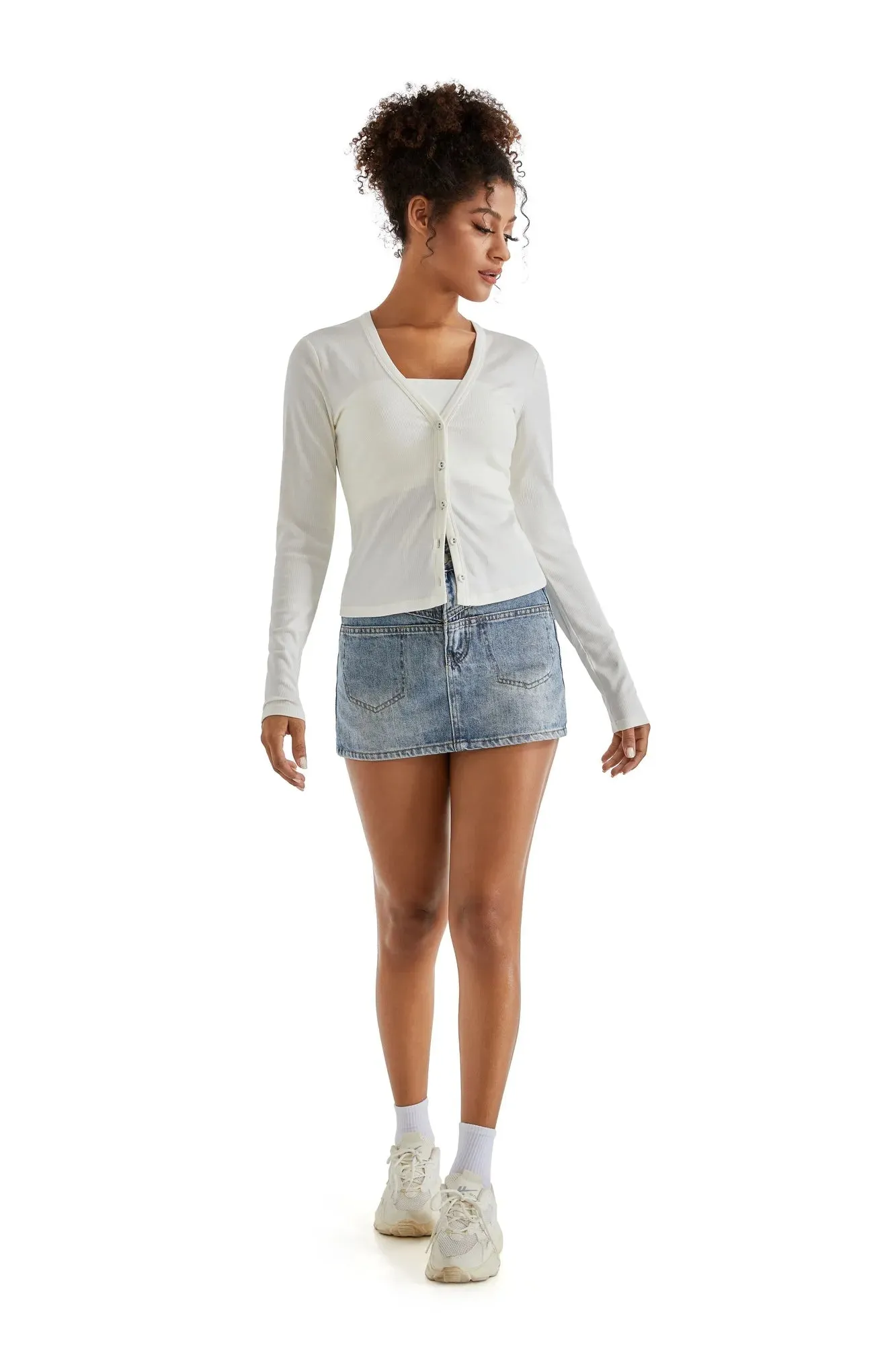 Ribbed V Neck Cardigan Shirt - Long Sleeve