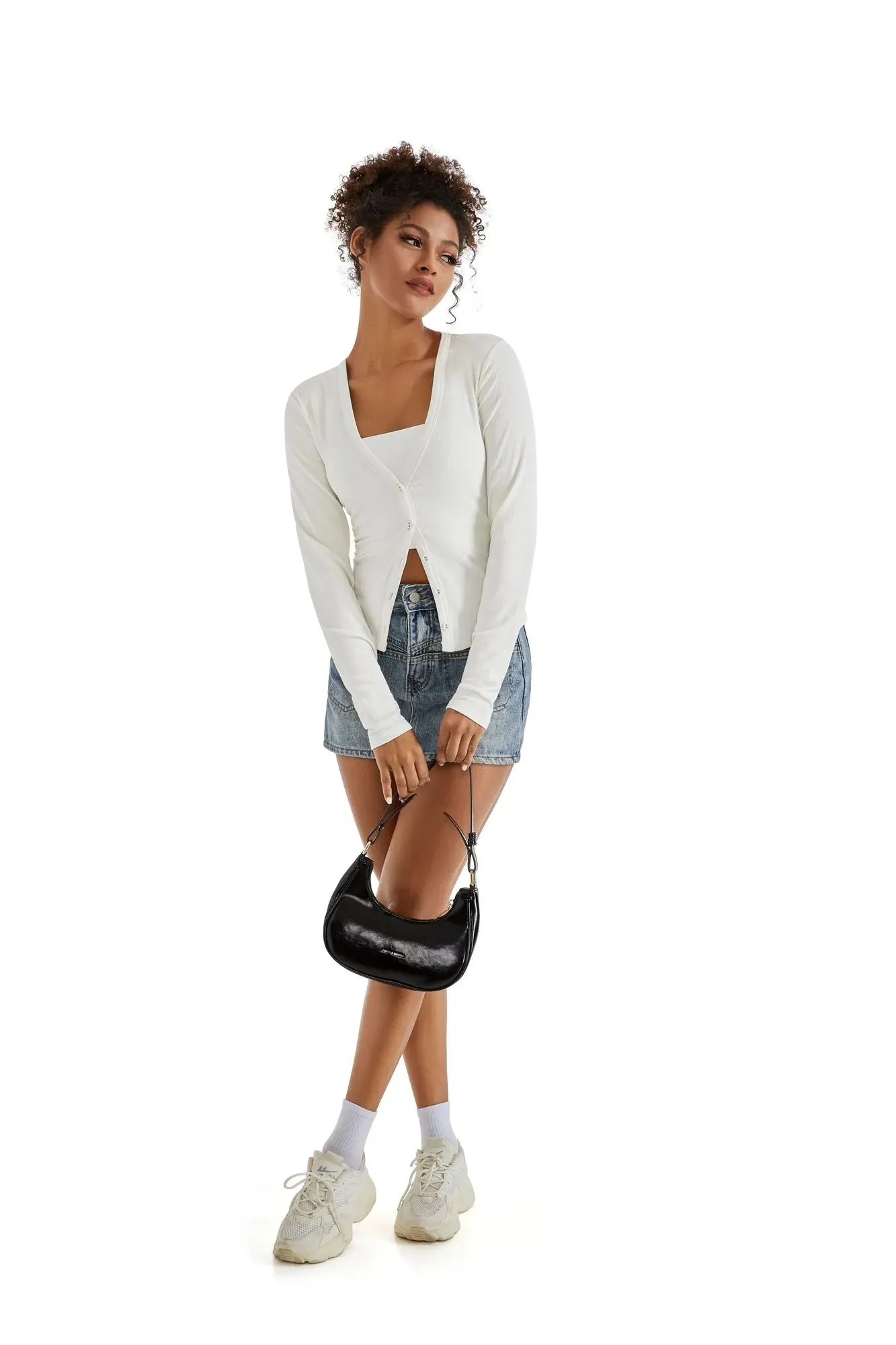 Ribbed V Neck Cardigan Shirt - Long Sleeve