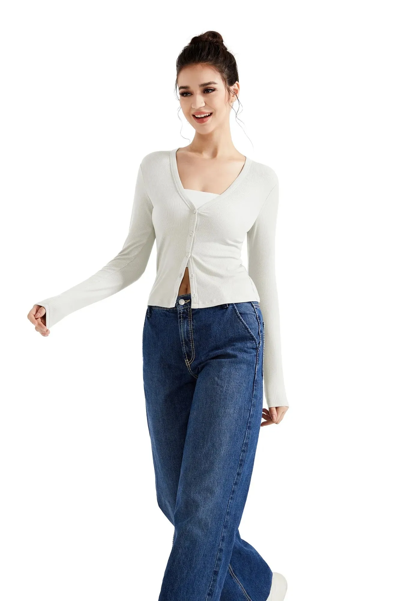 Ribbed V Neck Cardigan Shirt - Long Sleeve