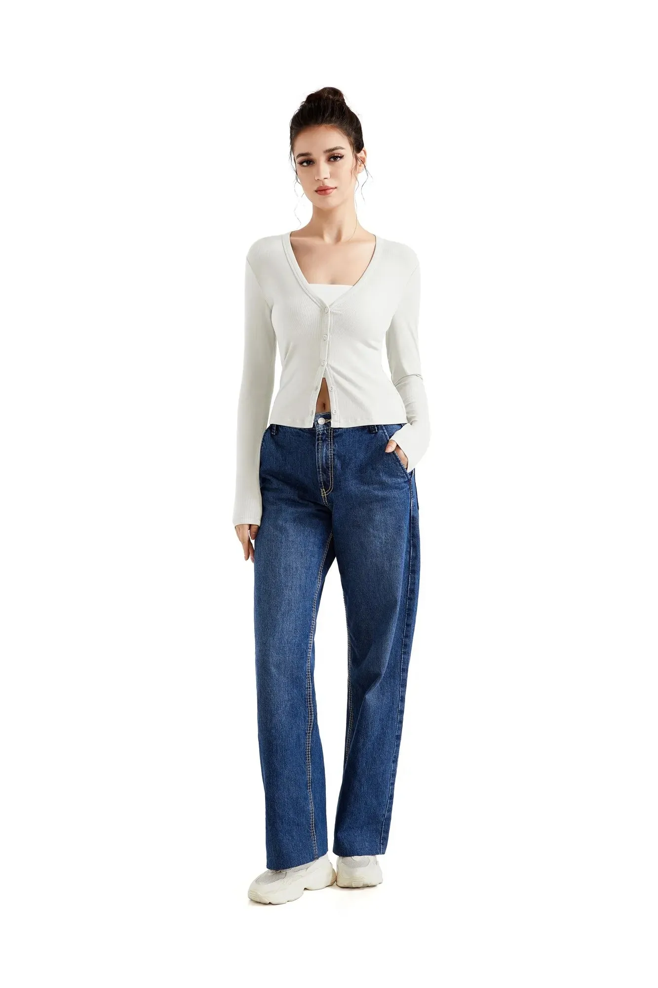Ribbed V Neck Cardigan Shirt - Long Sleeve