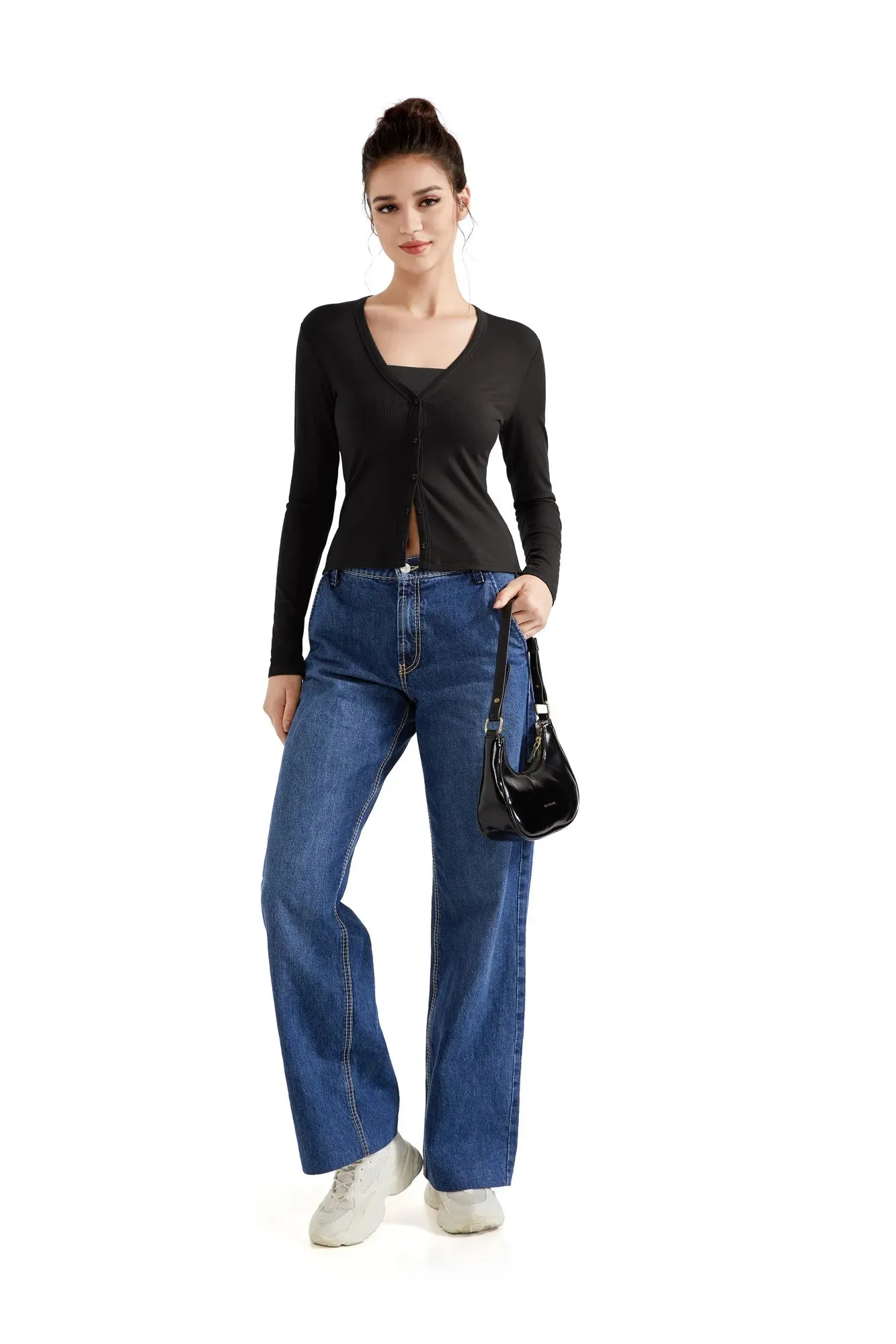 Ribbed V Neck Cardigan Shirt - Long Sleeve