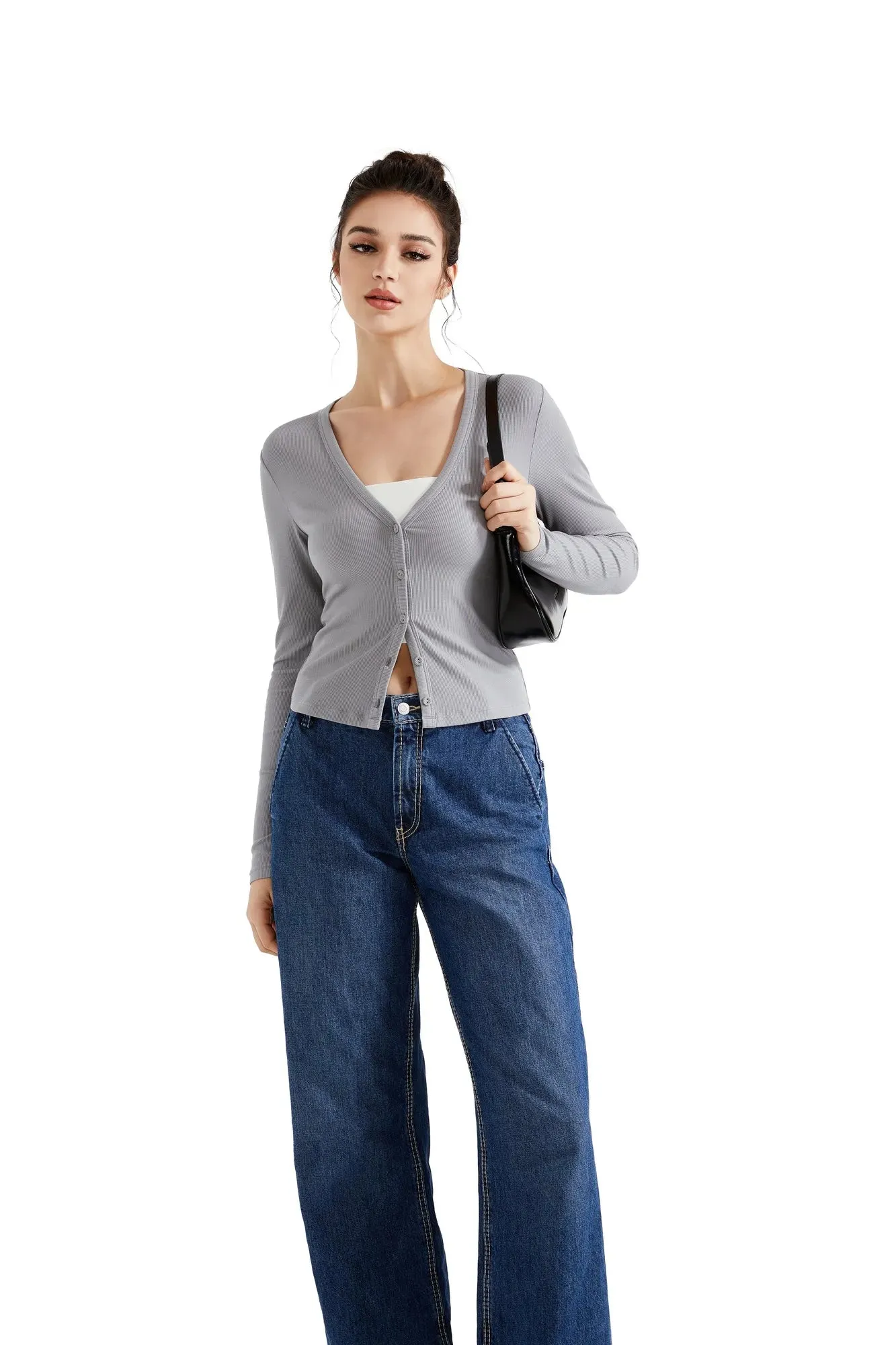 Ribbed V Neck Cardigan Shirt - Long Sleeve