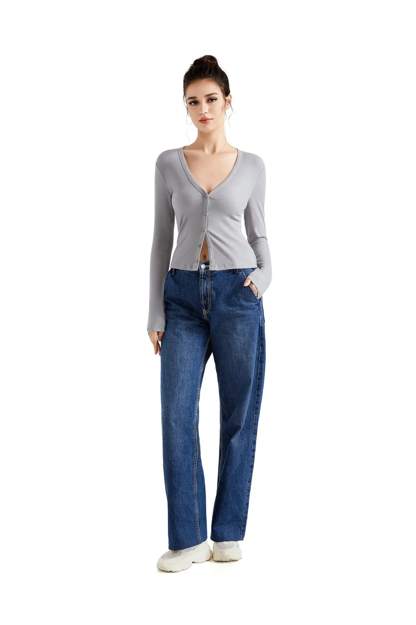Ribbed V Neck Cardigan Shirt - Long Sleeve