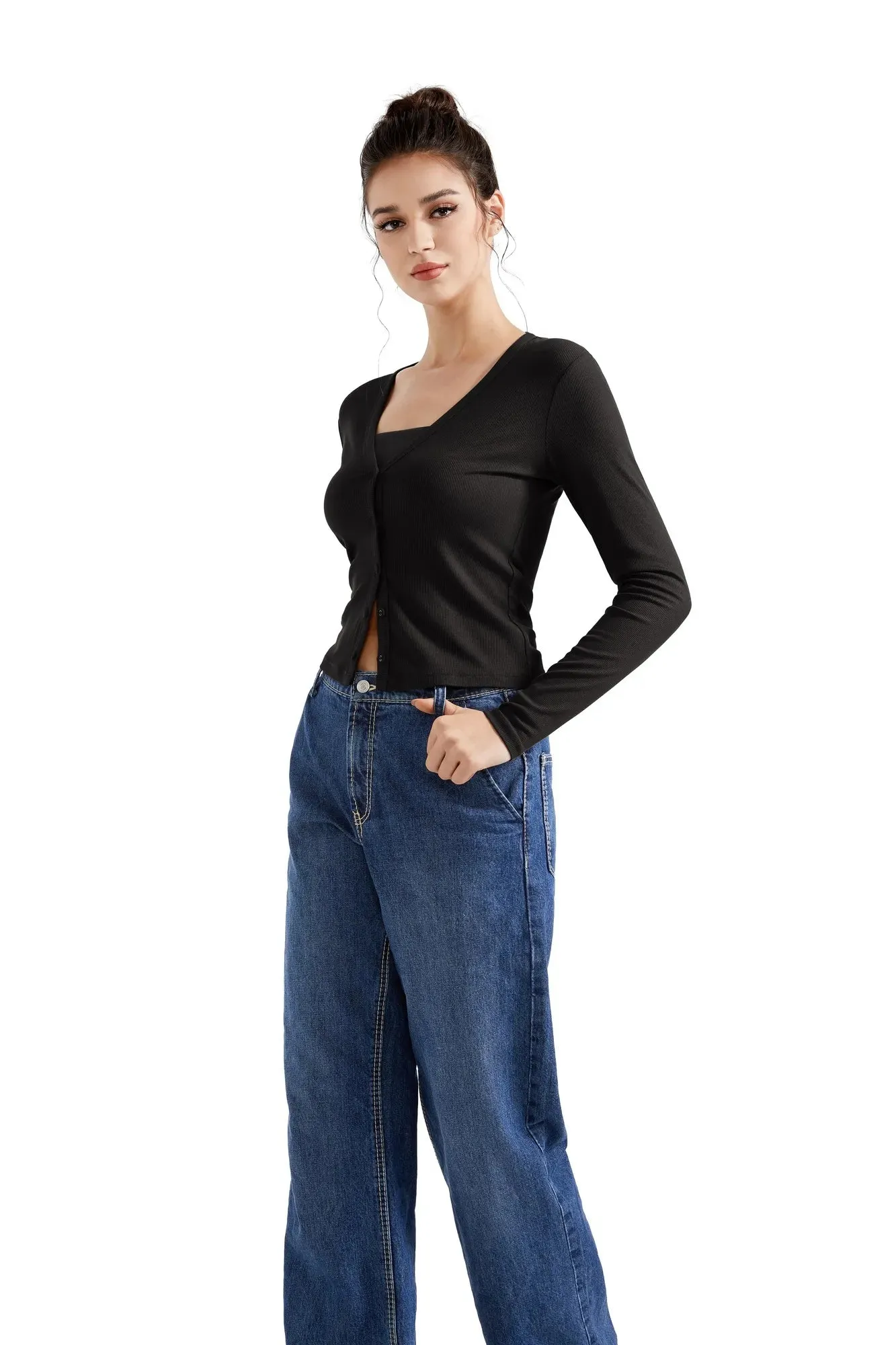 Ribbed V Neck Cardigan Shirt - Long Sleeve