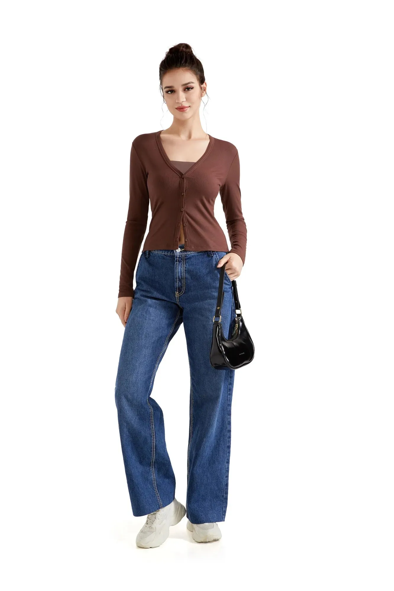 Ribbed V Neck Cardigan Shirt - Long Sleeve