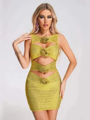 Sequin Flower Details Cut Out Bodycon Mini Dress