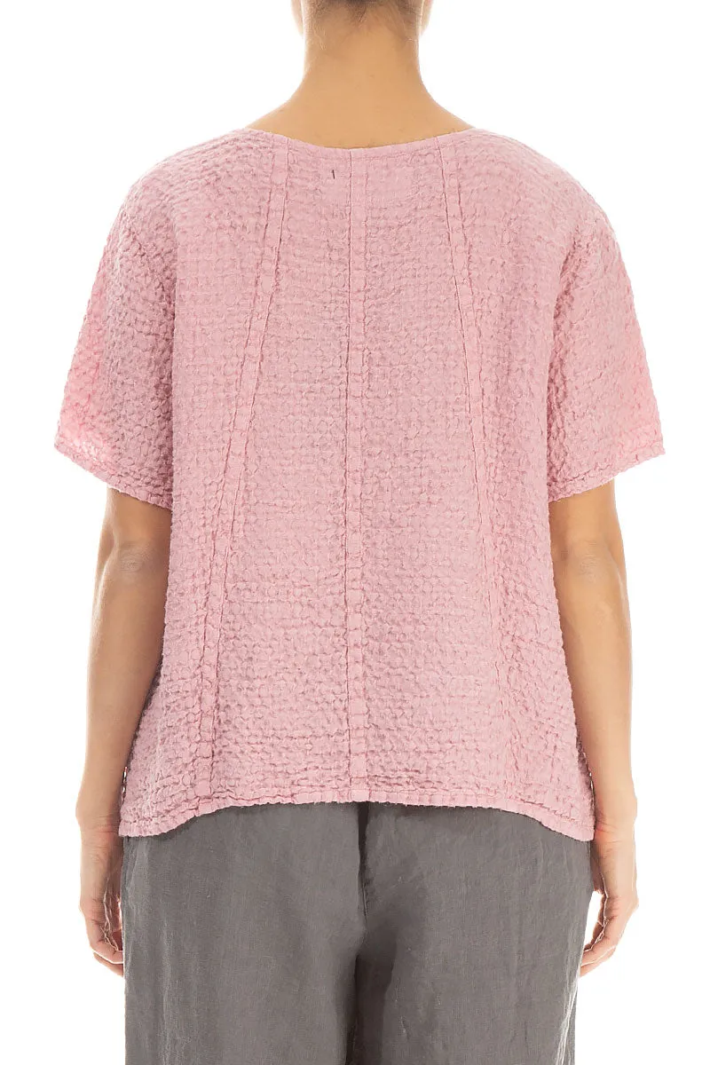 Short Sleeves Textured Powder Pink Linen Blouse