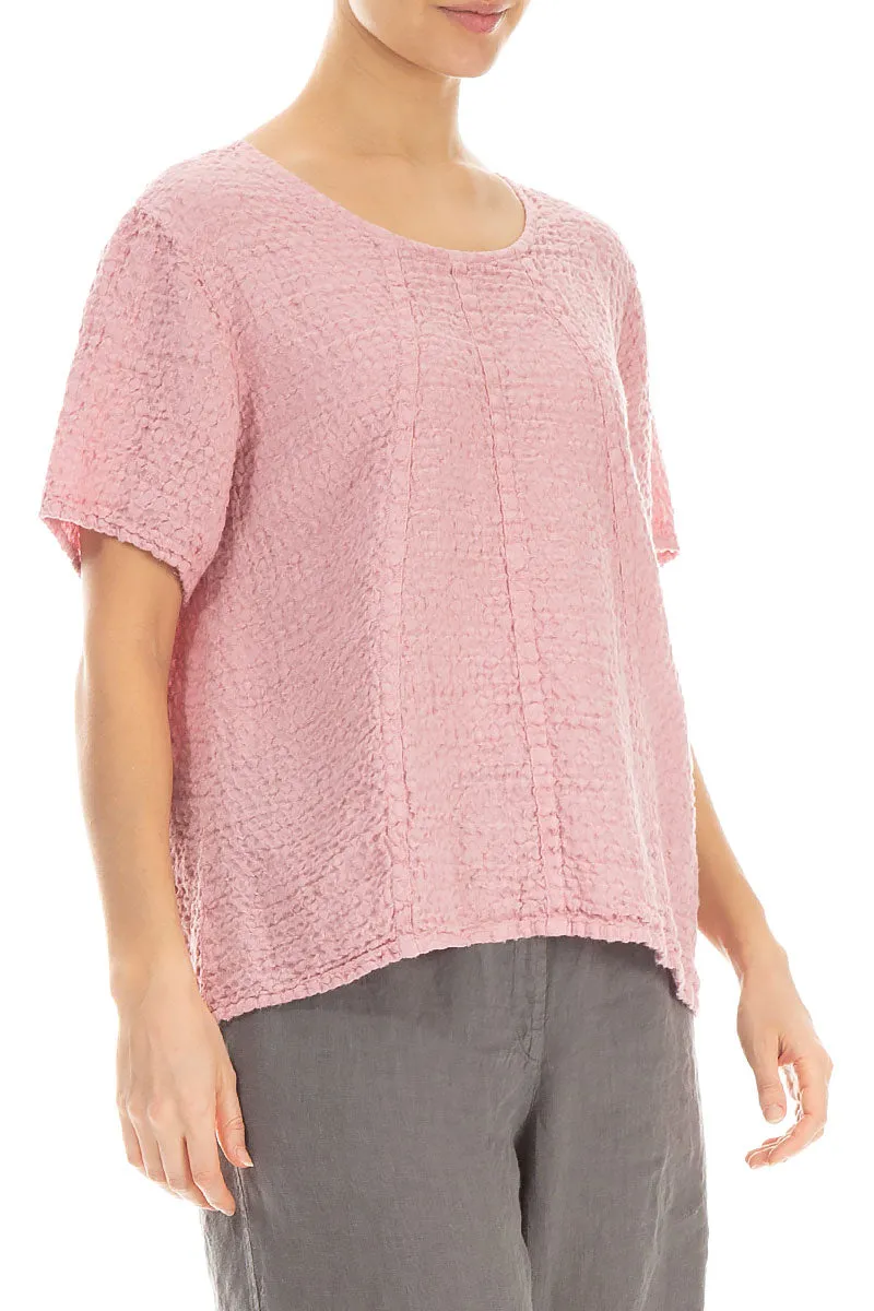 Short Sleeves Textured Powder Pink Linen Blouse