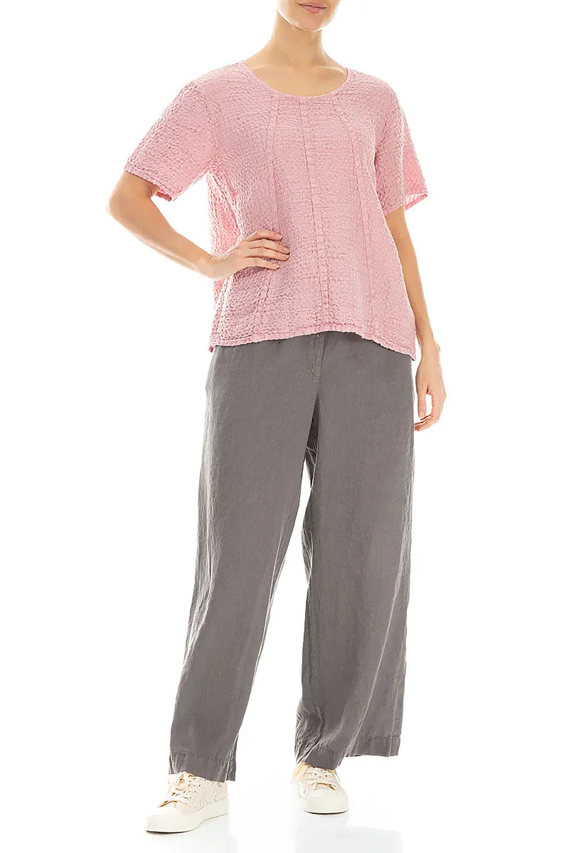 Short Sleeves Textured Powder Pink Linen Blouse