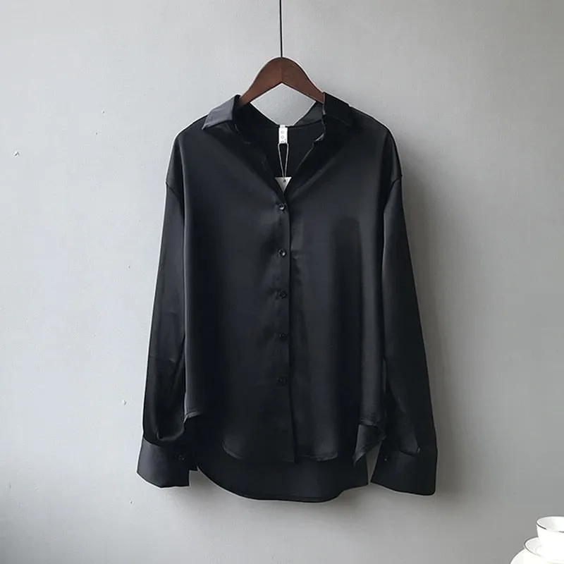 Silk Office Ladies Elegant Shirt Blouse Button Up Satin Shirt Vintage Long Sleeve Shirt