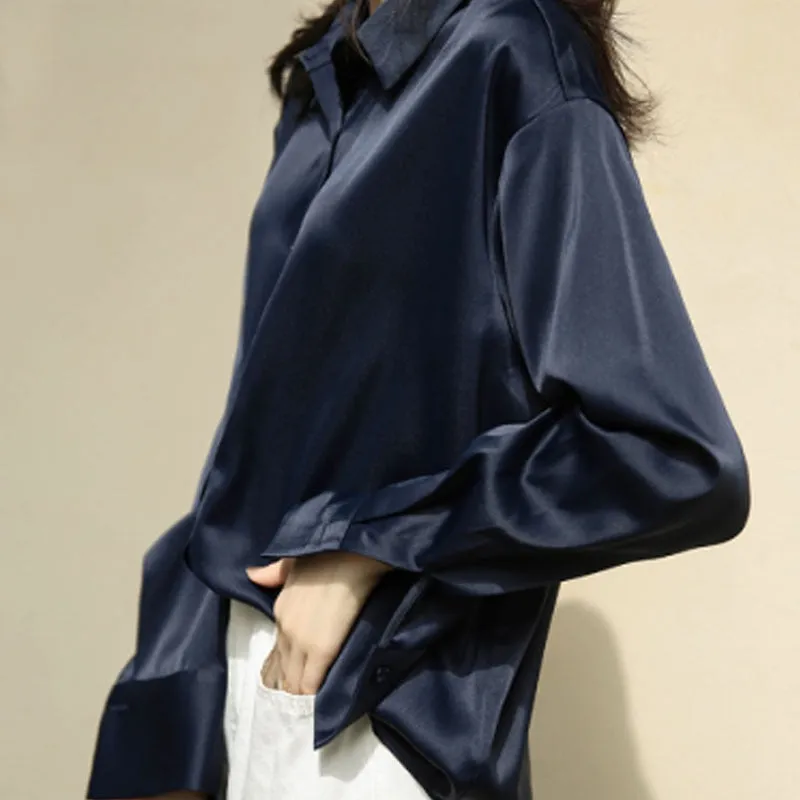 Silk Office Ladies Elegant Shirt Blouse Button Up Satin Shirt Vintage Long Sleeve Shirt