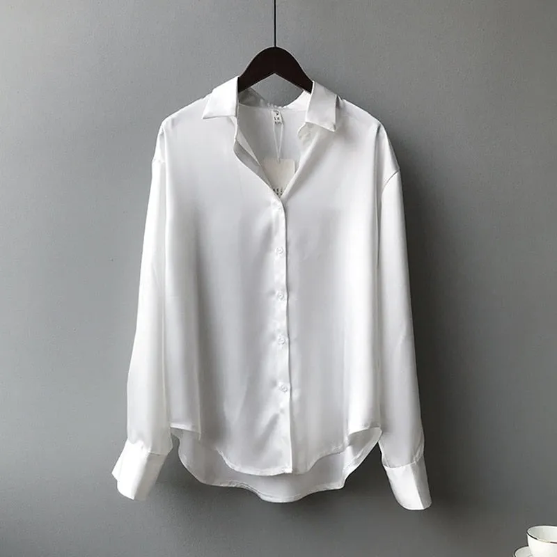 Silk Office Ladies Elegant Shirt Blouse Button Up Satin Shirt Vintage Long Sleeve Shirt