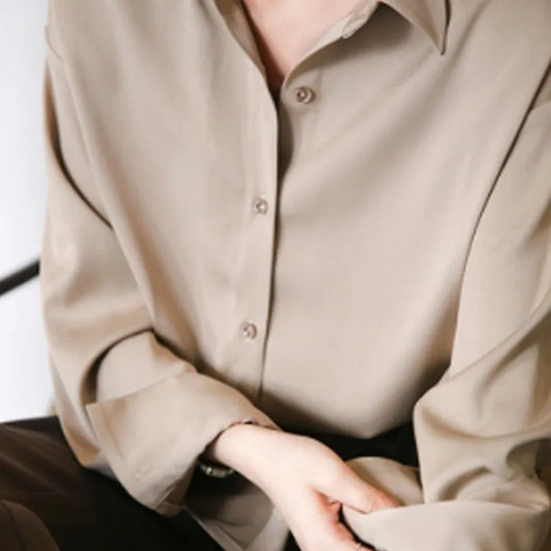 Silk Office Ladies Elegant Shirt Blouse Button Up Satin Shirt Vintage Long Sleeve Shirt