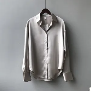 Silk Office Ladies Elegant Shirt Blouse Button Up Satin Shirt Vintage Long Sleeve Shirt