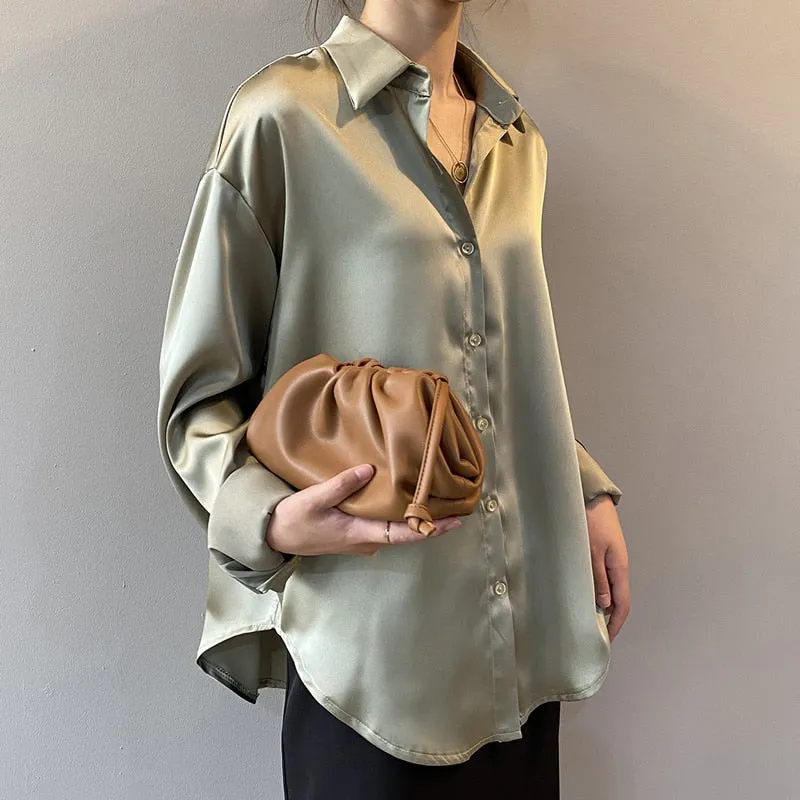 Silk Office Ladies Elegant Shirt Blouse Button Up Satin Shirt Vintage Long Sleeve Shirt