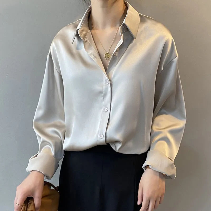 Silk Office Ladies Elegant Shirt Blouse Button Up Satin Shirt Vintage Long Sleeve Shirt