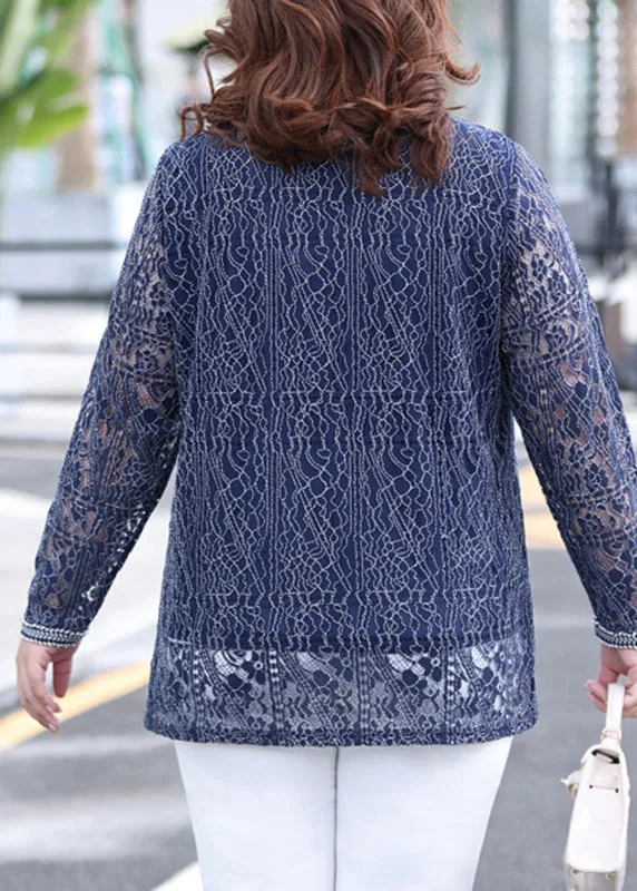 Stylish Blue O-Neck Lace Top Long Sleeve