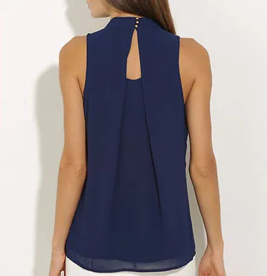 Stylish Casual Ladies' O-neck Sleeveless Chiffon Blouses