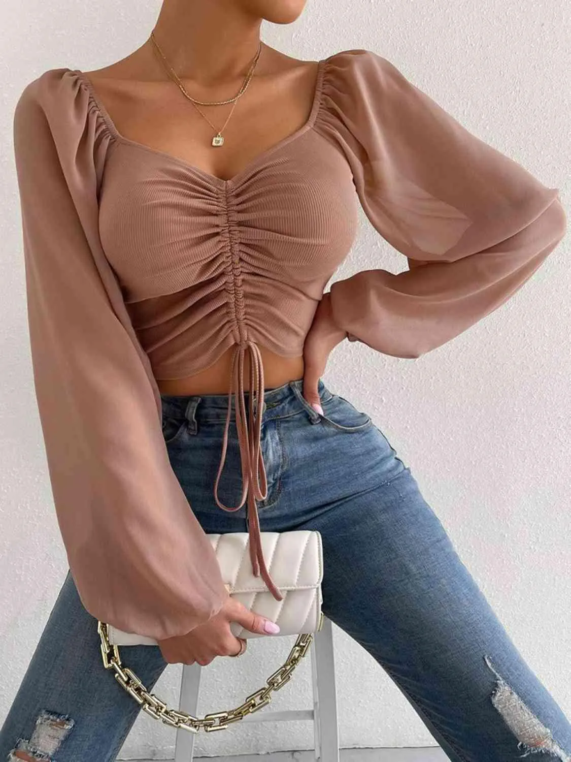 Stylish Ease Sweetheart Neck Drawstring Crop Top