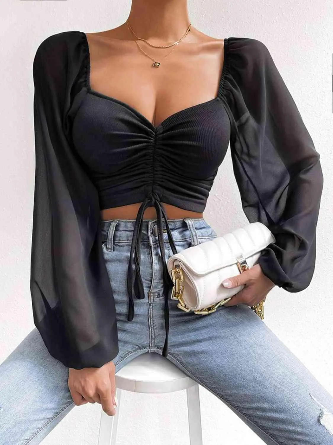 Stylish Ease Sweetheart Neck Drawstring Crop Top