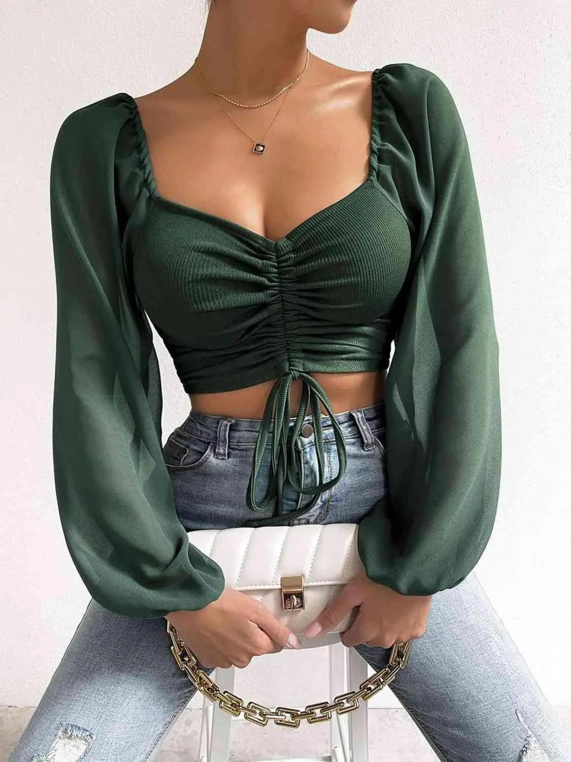 Stylish Ease Sweetheart Neck Drawstring Crop Top