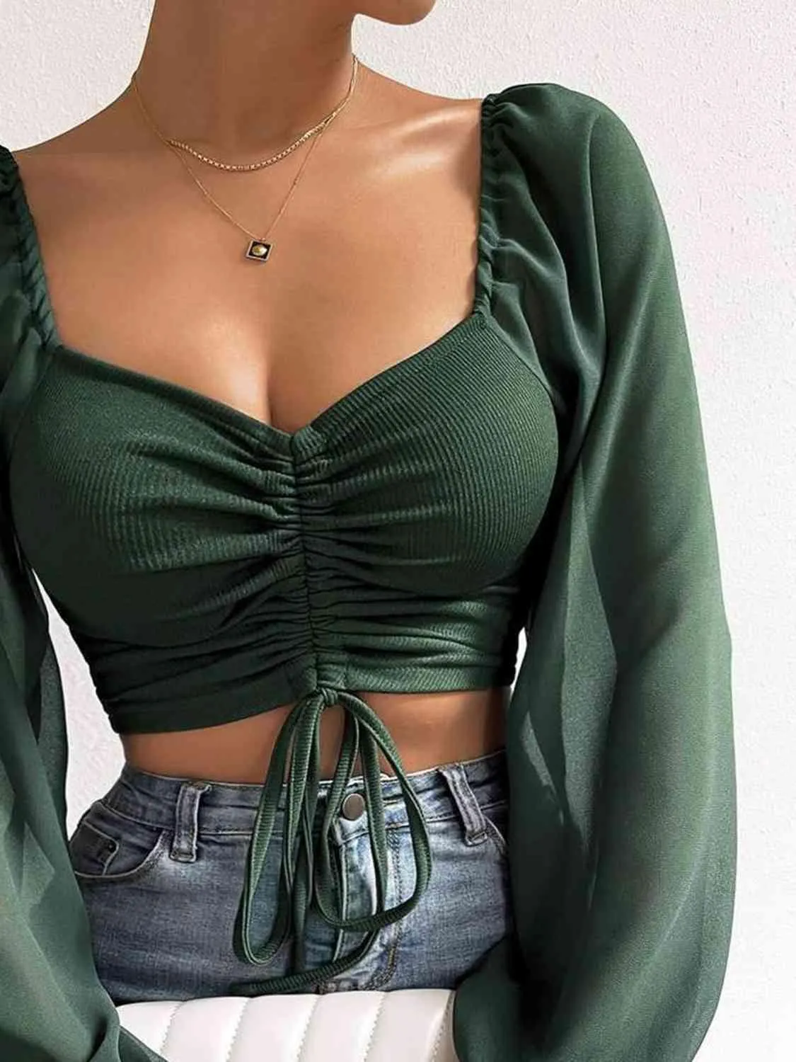 Stylish Ease Sweetheart Neck Drawstring Crop Top