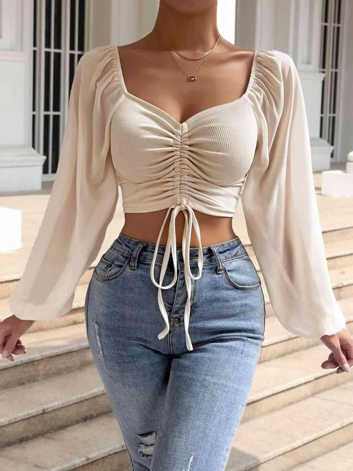 Stylish Ease Sweetheart Neck Drawstring Crop Top