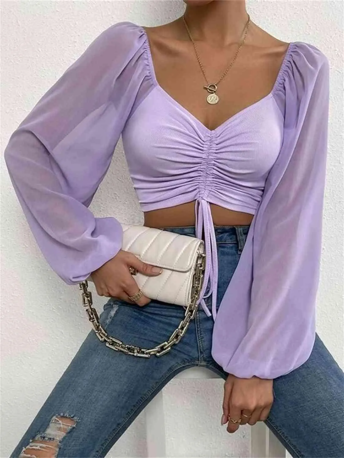 Stylish Ease Sweetheart Neck Drawstring Crop Top